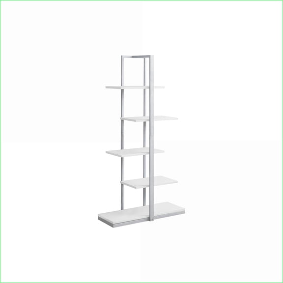Bookshelf, Modern Industrial 5-Tier Zig-Zag, White Laminate Brushed Silver Metal, 32x13x60 | White | MDF