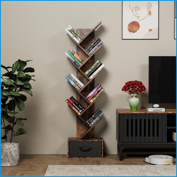 Bookshelf, Modern Tree-Shaped 9-Tier with Drawer, MDF Rustic Brown | Deep Rustic Brown
