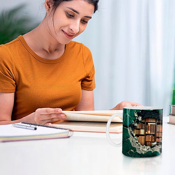 Bookshelf Mug Couple, High Beauty Ins Style Cup, Art Sense Toothbrush Cup, Plastic Wash Cup, 16oz, BPA Free, Bookshelf Pattern, Matching Set for Home