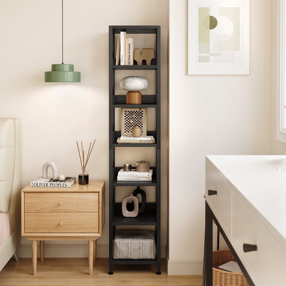 Bookshelf Narrow Bookcase Tall Skinny Storage Rack Shelf 6 Tier Standing Bookshelves Metal Frame Rustic Display Racks Industrial Book Shelf for Bedroom, Living Room, Home Office
