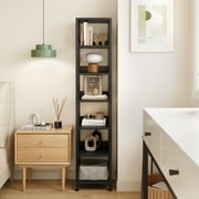 Bookshelf Narrow Bookcase Tall Skinny Storage Rack Shelf 6 Tier Standing Bookshelves Metal Frame Rustic Display Racks Industrial Book Shelf for Bedroom, Living Room, Home Office