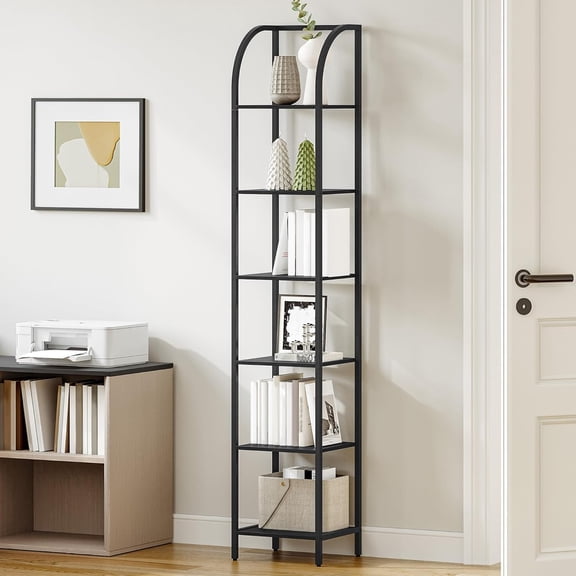 Bookshelf Narrow Bookcase, Tall Storage Rack with Frame, Display Standing Shelf Unit, Skinny Book Shelf for Study Room Office, Industrial Style, 6-Tier Black BC56004B