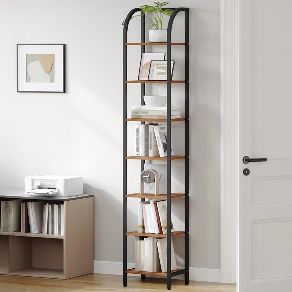 Bookshelf Narrow Bookcase, Tall Storage Rack with Steel Frame, Display Standing Shelf Unit, Skinny Book Shelf for Study Living Room, Home Office, Industrial, 7-Tier Rustic Brown BC57701B