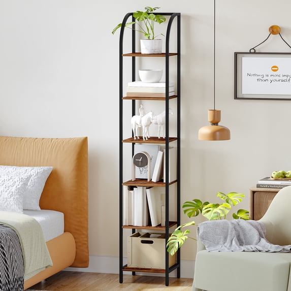 Hzuaneri Bookshelf Narrow Bookcase, Tall Storage Rack with Steel Frame, Display Standing Shelf Unit, Skinny Book Shelf for Study Living Room Home Office, Industrial Style, 6-Tier Rustic Brown