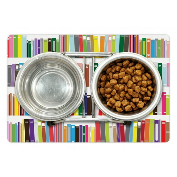 Bookshelf Pet Mat for Food and Water, Doodle Drawing of Colorful Books Learning Library School Themed Illustration, Non-Slip Rubber Mat for Dogs and Cats, 18" X 12", by Ambesonne