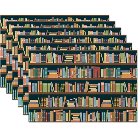 Bookshelf Placemats Set of 6,Library Book Place Mats Heat Resistant Washable Non-Slip Table Mats for Party Kitchen Dining Decor 12x18 Inch