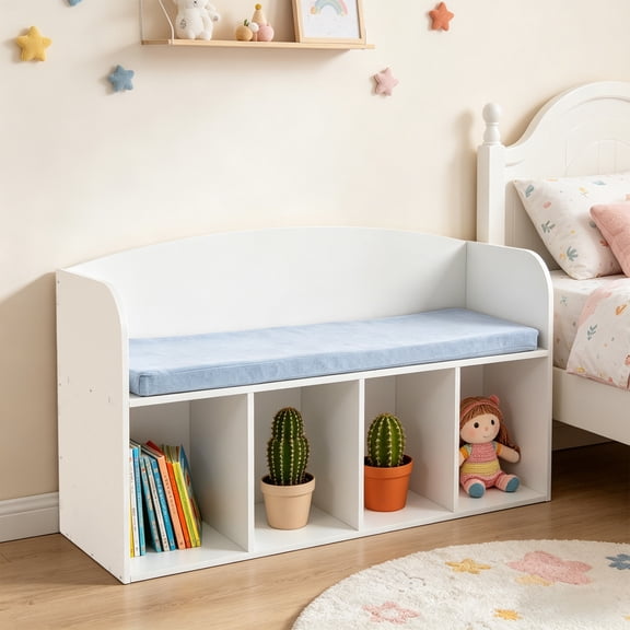 Bookshelf with Reading Nook, 4-Cube Storage Bench with Book Rack Soft Cushion Floor Standing Book Organizer Storage Organizer with Detachable Cushions (White)