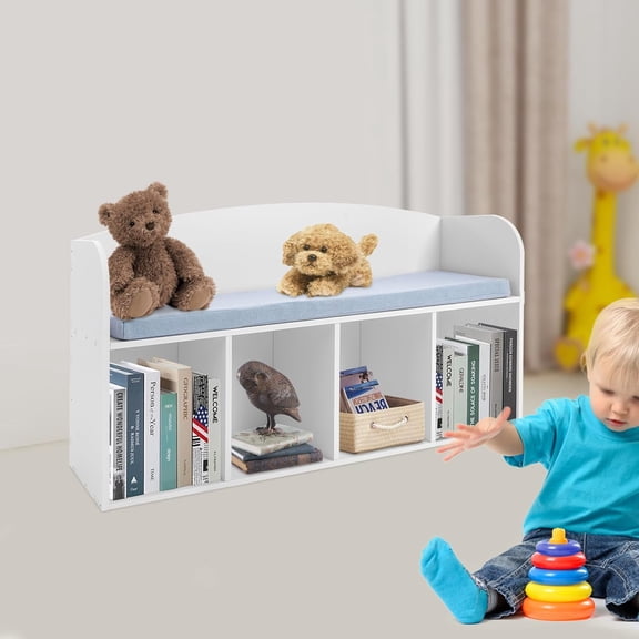 Bookshelf with Reading Nook, Book Display Case with Soft Cushion, Storage Bench with Book Rack, Low Square Book Cabinet, for Living Room Bedroom Books