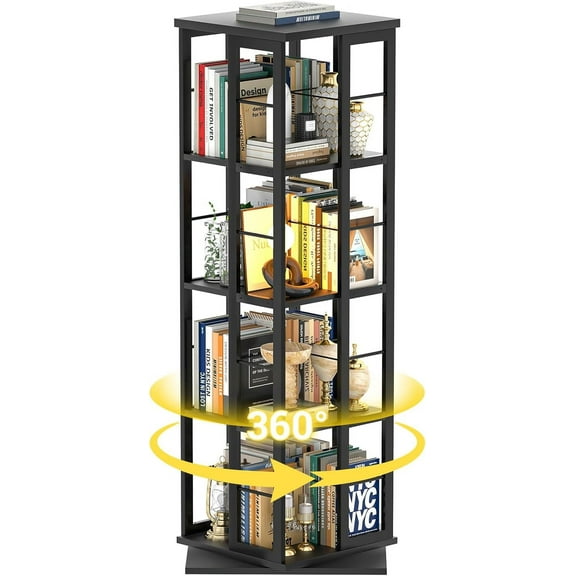 Bookshelf, Rotating Bookshelf Corner Bookcase, 360 Wood Spinning Narrow Bookshelf, 4 Tier Floor Standing Bookcase Shelf Revolving Organizer Storage Rack for Small Space, Study Room, Black