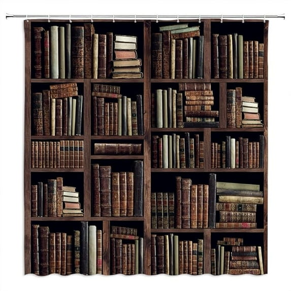 Bookshelf Shower Curtain Vintage Brown Library Learning Education Classics Art Study Academic World Famous Collection Room Bathroom Decor With Hook 36"W x 72"L
