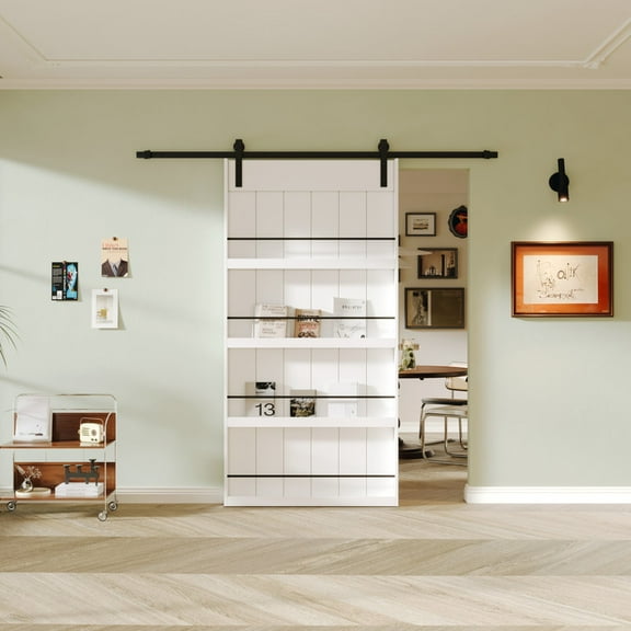 Bookshelf Sliding Barn Door, Solid Core MDF Wood & Primed, with Hardware Kit & Handle & Floor Guide, White
