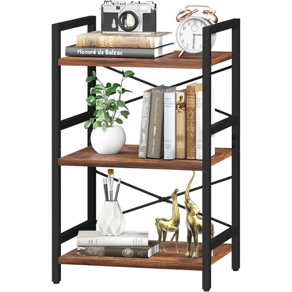Bookshelf Small Book Shelf, Solid Industrial 3 Tier Shelf Bookcase, Short Book Case for Bedroom, Living Room, Office Home, Small Spaces, Easy Assembly Berry Brown