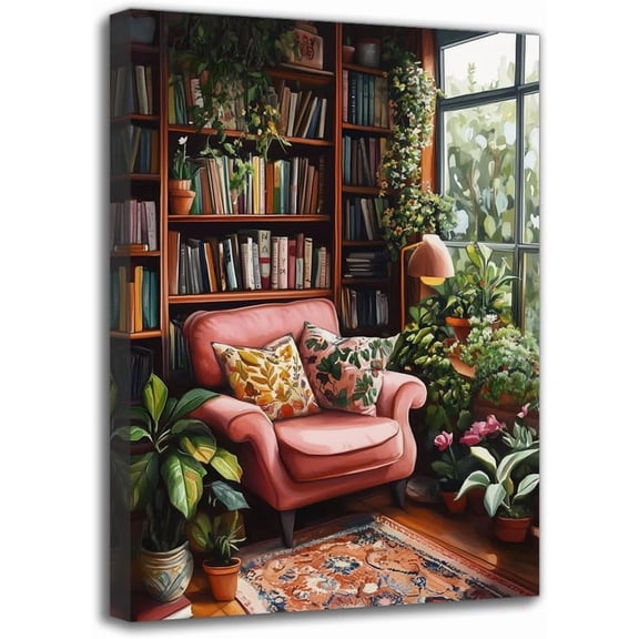 Bookshelf And Sofa Canvas Wall Art Print - Framed Contemprary Aesthetic Picture for Study Room, Wall Decor For Bedroom Cafe Ideal Gifts For Her/Him (12W X 18L)