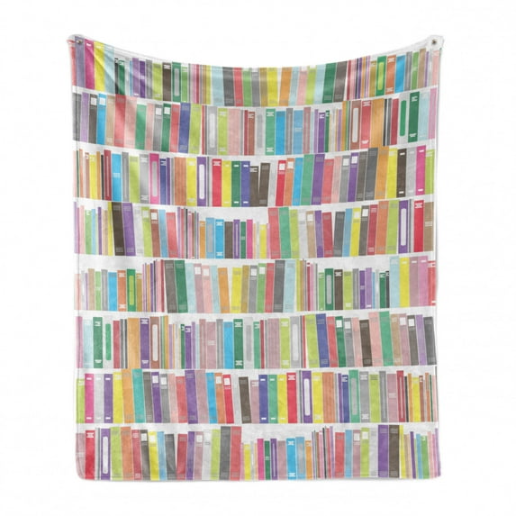 Bookshelf Soft Flannel Fleece Blanket, Cartoon Library with Colorful Books Literature Study Reading Novels School Print, Cozy Plush for Indoor and Outdoor Use, 50" x 70", Multicolor, by Ambesonne