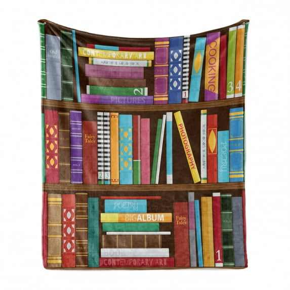 Bookshelf Soft Flannel Fleece Blanket, Digital Drawing Graphic of Home Library with Books About Different Subjects Image, Cozy Plush for Indoor and Outdoor Use, 70" x 90", Multicolor, by Ambesonne