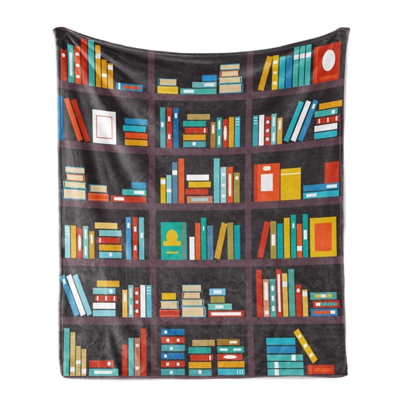Bookshelf Soft Flannel Fleece Throw Blanket, Library Themed Cartoon with Shelves Full of Books School Study Education Print, Cozy Plush for Indoor and Outdoor Use, 60" x 80", Multicolor, by Ambesonne