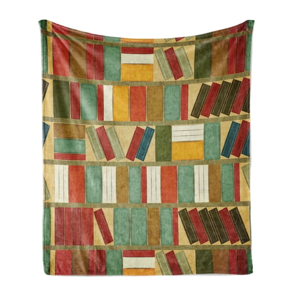 Bookshelf Soft Flannel Fleece Throw Blanket, Vintage Continuous Pattern Library Themed Watercolor Effect Painting, Cozy Plush for Indoor and Outdoor Use, 50" x 60", Multicolor, by Ambesonne