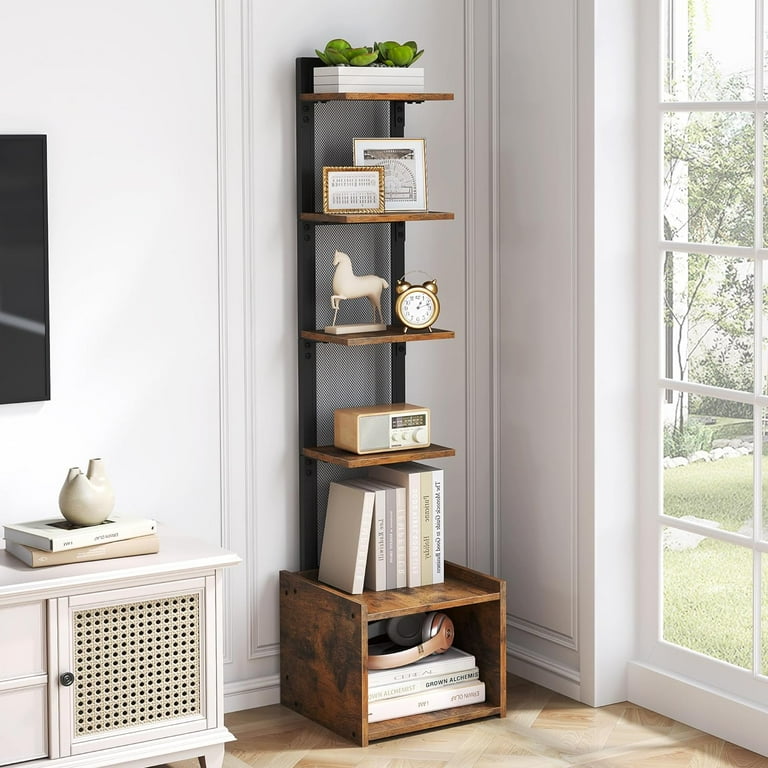 Bookshelf Spine Display Shelf Tall Thin Bookcase with 6 Storage Shelves Narrow Storage Rack Shelving Unit with Drawer Steel Frame Rustic Brown and Black Walmart