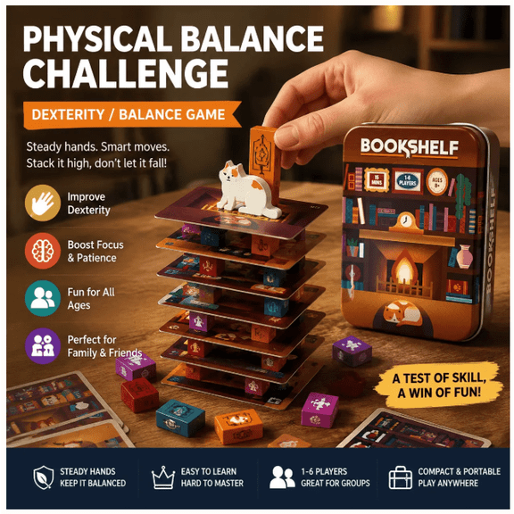 Bookshelf Stacking Game - Cooperative Card & Book Tower Challenge in Travel Tin - Balance & Teamwork Tabletop Game by Alley Cat Games