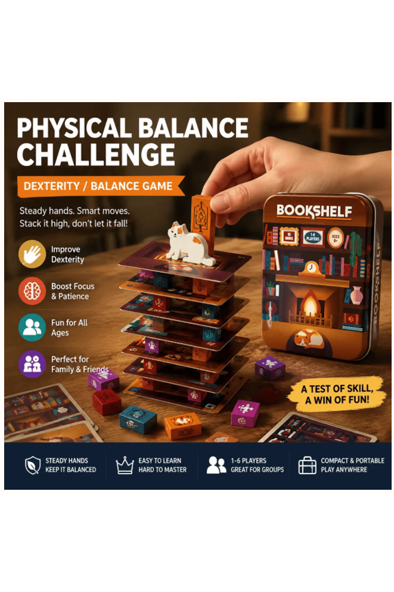 Bookshelf Stacking Game - Cooperative Card & Book Tower Challenge in Travel Tin - Balance & Teamwork Tabletop Game by Alley Cat Games