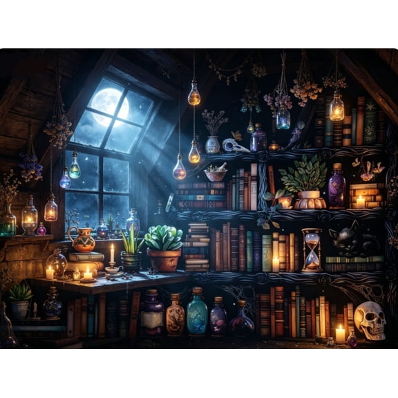 Bookshelf Stamped Cross Stitch Kits - Magical Book Counted Cross Stitch Kits For Beginners Adults Skull Needlepoint Cross-Stitch Patterns Needlecrafts Embroidery Kits Arts And Crafts 16x20 Inch