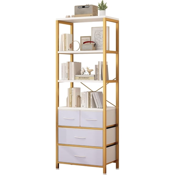 Bookshelf with Storage, 6-Tier Office Shelves with 3 Fabric Storage Drawers, Wood and Metal Bookshelf with Drawers, Bookcase with Drawers for Living Room, Office, Small Spaces, White