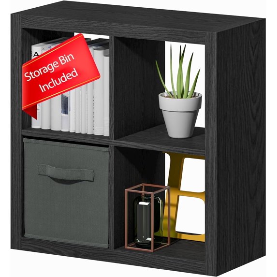 Bookshelf with Storage Bin, 4-Cube Storage Organizer, Modern Wood Open Bookcase, Multifunctional Display Shelf for Living Room, Bedroom, Home Office, Black