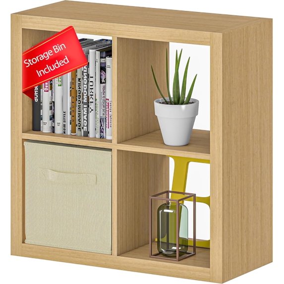 Bookshelf with Storage Bin, 4-Cube Storage Organizer, Modern Wood Open Bookcase, Multifunctional Display Shelf for Living Room, Bedroom, Home Office, Oak