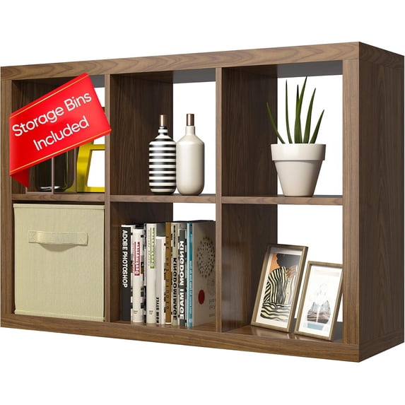 Bookshelf with Storage Bin, 6-Cube Storage Organizer, Modern Wood Open Bookcase, Multifunctional Display Shelf for Living Room, Bedroom, Home Office, Classic Oak