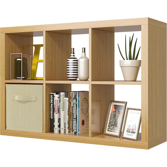 Bookshelf with Storage Bin, 6-Cube Storage Organizer, Modern Wood Open Bookcase, Multifunctional Display Shelf for Living Room, Bedroom, Home Office, Oak
