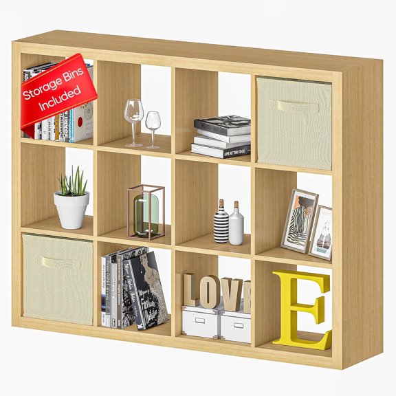 Bookshelf with Storage Bins, 12-Cube Storage Organizer, Modern Wood Open Bookcase, Multifunctional Display Shelf for Living Room, Bedroom, Home Office, Oak