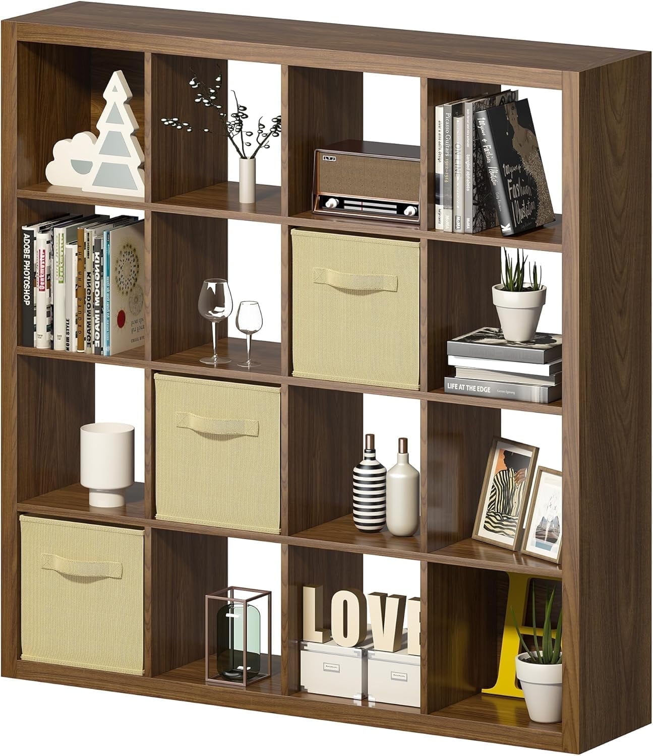 Bookshelf with Storage Bins, 16-Cube Storage Organizer with Back Panels, Modern Wood Open Bookcase, Multifunctional Display Shelf for Living Room, Bedroom, Home Office, Classic Oak