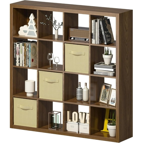 Bookshelf with Storage Bins, 16-Cube Storage Organizer with Back Panels, Modern Wood Open Bookcase, Multifunctional Display Shelf for Living Room, Bedroom, Home Office, Classic Oak