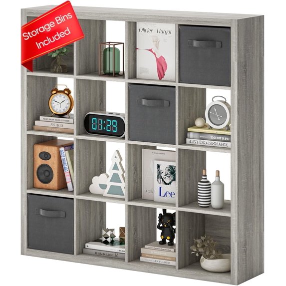 Bookshelf with Storage Bins, 16-Cube Storage Organizer with Back Panels, Modern Wood Open Bookcase, Multifunctional Display Shelf for Living Room, Bedroom, Home Office, Gray Oak
