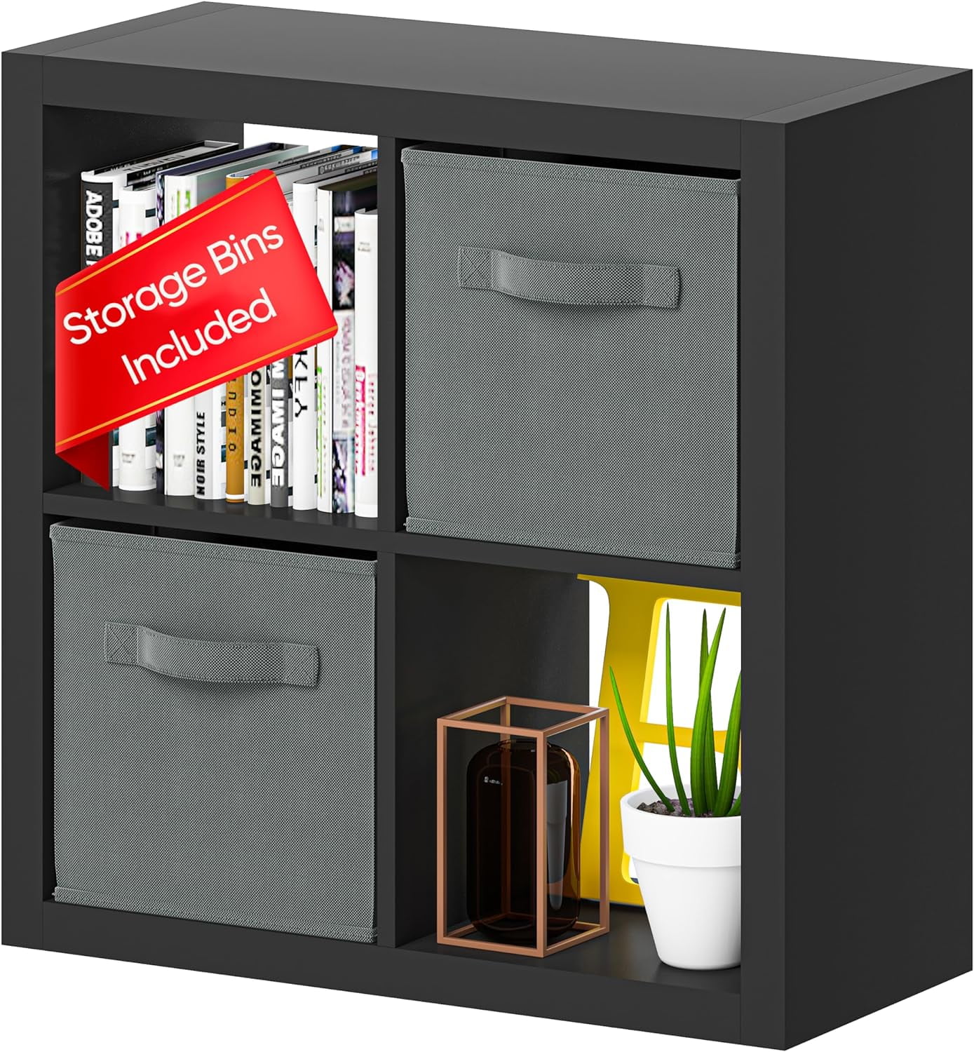Bookshelf with Storage Bins, 4Cube Storage Organizer with Back Panels