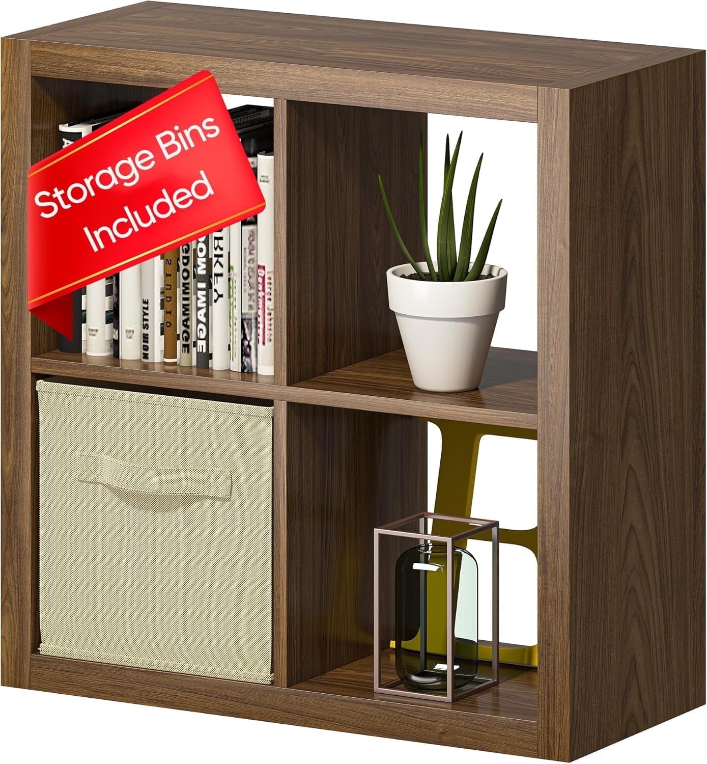 Bookshelf with Storage Bins, 4-Cube Storage Organizer with Back Panels, Modern Wood Open Bookcase, Multifunctional Display Shelf for Living Room, Bedroom, Home Office, Classic Oak