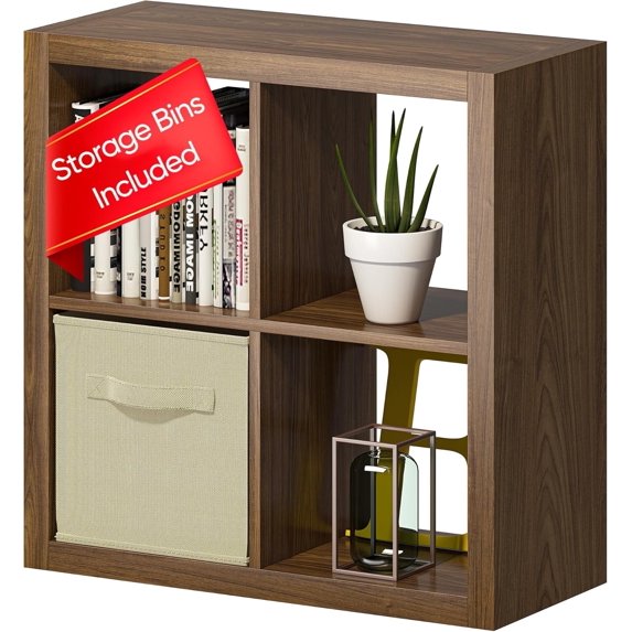 Bookshelf with Storage Bins, 4-Cube Storage Organizer with Back Panels, Modern Wood Open Bookcase, Multifunctional Display Shelf for Living Room, Bedroom, Home Office, Classic Oak