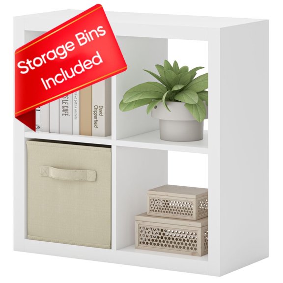 Bookshelf with Storage Bins, 4-Cube Storage Organizer with Back Panels, Modern Wood Open Bookcase, Multifunctional Display Shelf for Living Room, Bedroom, Home Office, White