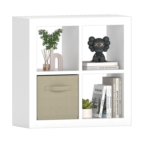 Bookshelf with Storage Bins, 4-Cube Storage Organizer with Back Panels, Modern Wood Open Bookcase, Multifunctional Display Shelf for Living Room, Bedroom, Home Office, White