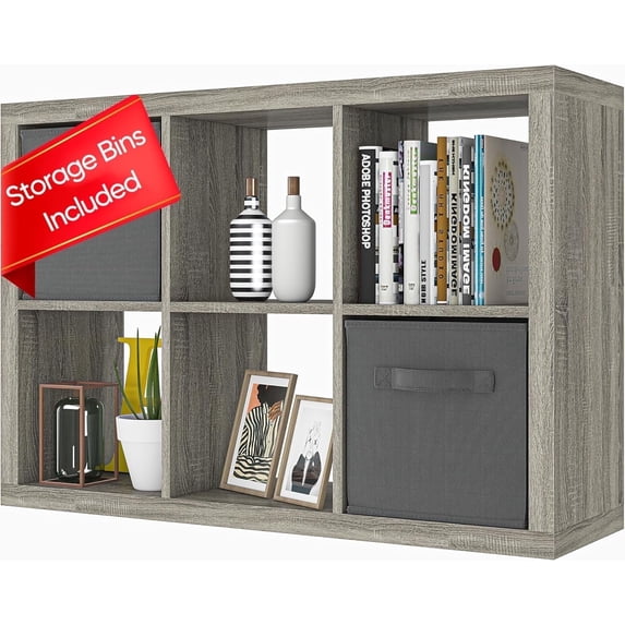 Bookshelf with Storage Bins, 6-Cube Storage Organizer, Modern Wood Open Bookcase, Multifunctional Display Shelf for Living Room, Bedroom, Home Office, Gray Oak