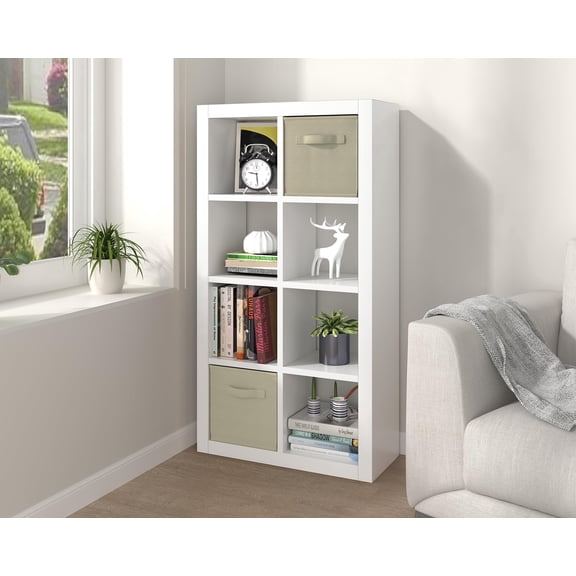 Bookshelf with Storage Bins, 8-Cube Storage Organizer with Back Panels, Modern Wood Open Bookcase, Multifunctional Display Shelf for Living Room, Bedroom, Home Office, White