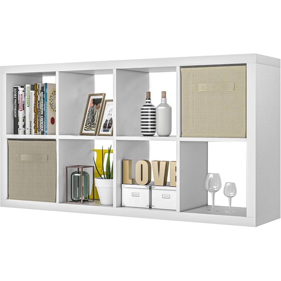 Bookshelf with Storage Bins, 8-Cube Storage Organizer with Back Panels, Modern Wood Open Bookcase, Multifunctional Display Shelf for Living Room, Bedroom, Home Office, White