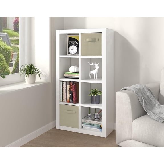 Bookshelf with Storage Bins, 8-Cube Storage Organizer with Back Panels, Modern Wood Open Bookcase, Multifunctional Display Shelf for Living Room, Bedroom, Home Office, White