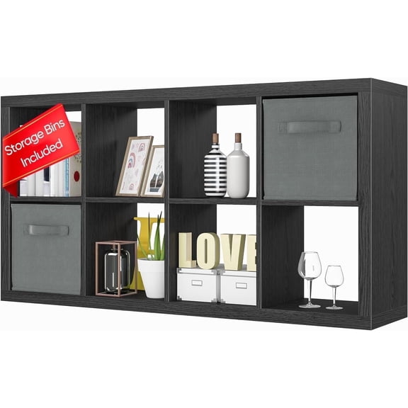 Bookshelf with Storage Bins, 8-Cube Storage Organizer, Modern Wood Open Bookcase, Multifunctional Display Shelf for Living Room, Bedroom, Home Office, Black