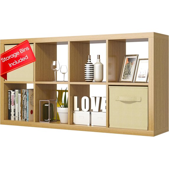 Bookshelf with Storage Bins, 8-Cube Storage Organizer, Modern Wood Open Bookcase, Multifunctional Display Shelf for Living Room, Bedroom, Home Office, Oak