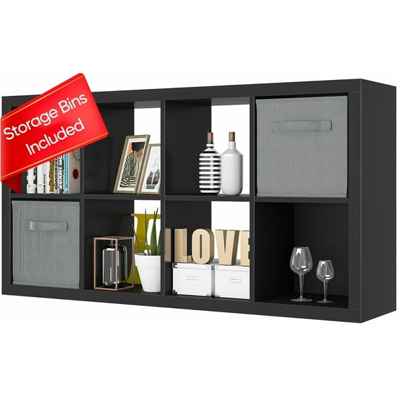 Bookshelf with Storage Bins, 8-Cube Storage Organizer, Modern Wood Open Bookcase, Multifunctional Display Shelf for Living Room, Bedroom, Home Office, Solid Black