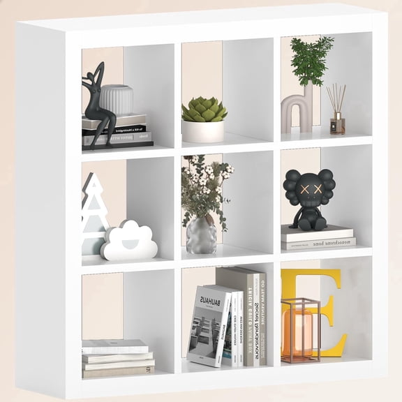 Bookshelf with Storage Bins, 9-Cube Storage Organizer Sturdy Wooden Bookcase Open Book Shelf, Multifunctional Cubicle Rack for Storage & Display, Furniture for Living Room Bedroom Office, White