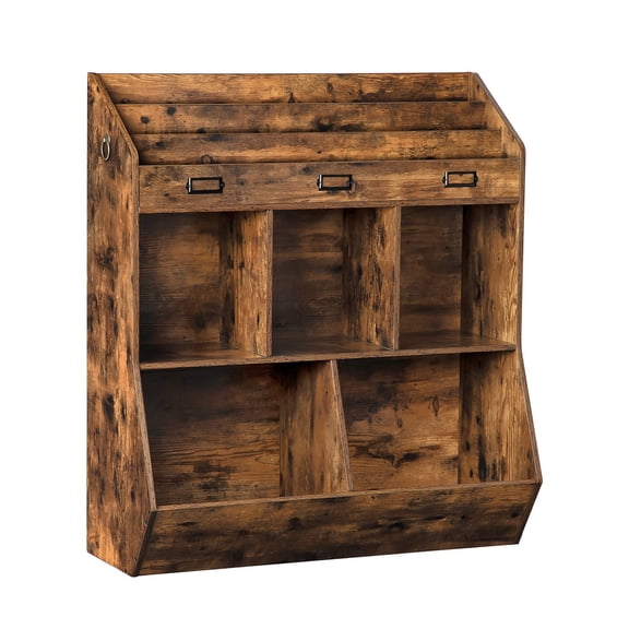 Bookshelf  Storage Organizer For 5 Compartments And 3-layer Shelves Bookcase Footboard Game Room Playroom School Rustic Brown Fg34cw01
