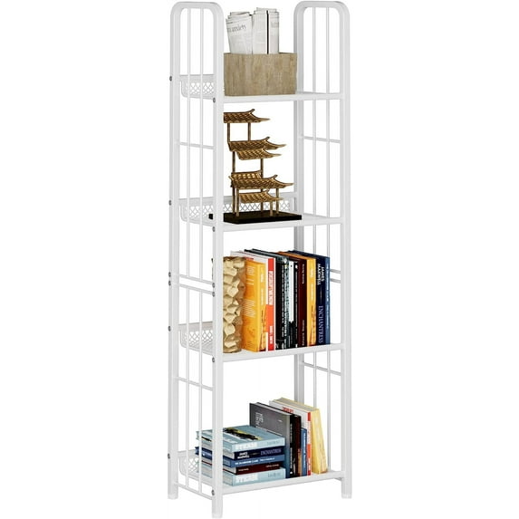 Bookshelf Storage Shelf Small Bookcase Freestanding Storage Stand for Living Room Bedroom, Kitchen, Rust Resistance, Easy Assembly Free Combination Multi-Functional Organizer (4 Tiers, White)