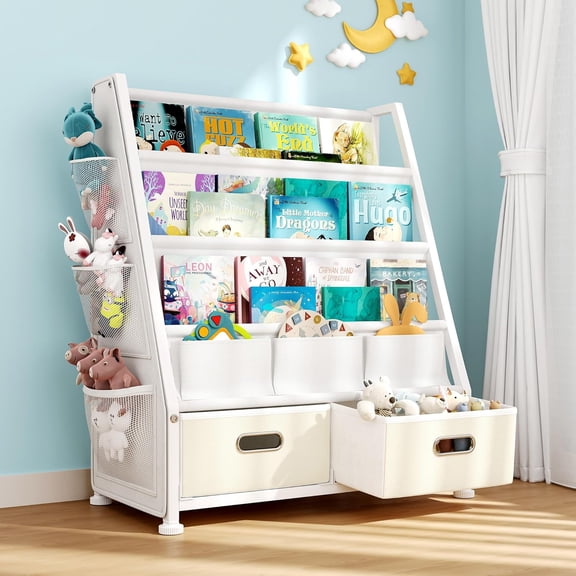Bookshelf and Storage: Sling Book Shelf for Room with 2 Storage Bins to Books and Organizer, 3-Tier Bookshelf with 3 Side Pockets for , , Playroom